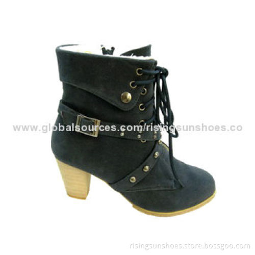 Women's high-heel dress boots, wooden heel design, crossing tapes with metal rivets on upperNew